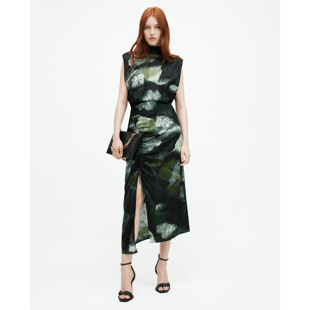 AllSaints Isa Silk Blend Camo Print Midi Dress